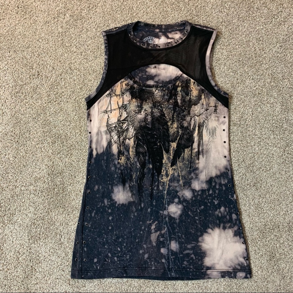 AFFLICTION Black  Beige RHINESTONE Studded SHEER Mesh KEYHOLE Sleeveless TOP Tee
